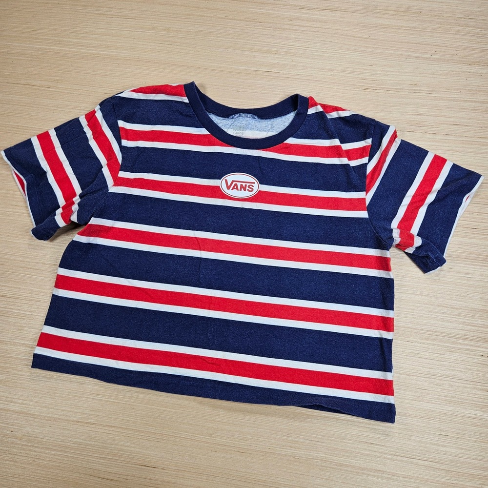Vans Crop Top Womens L Blue Red Striped Short Sleeve Crew Neck Logo Retro‎ Tee